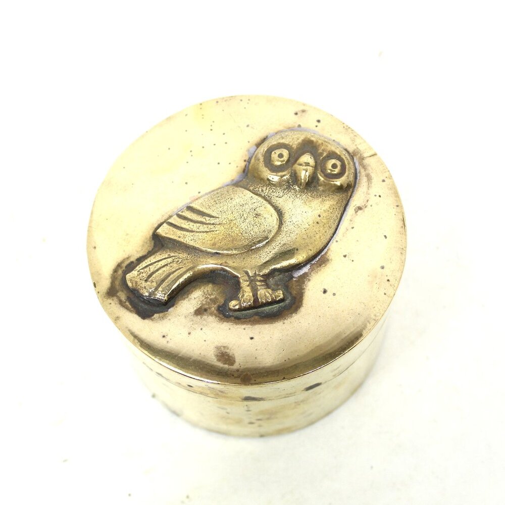 Brass Round Trinket Box with Raised Owl Motif on Lid, Jewelry Box Vintage MCM